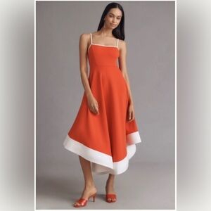 Anthropology Maeve Color-block A Line Midi Elegant Red and White Dress SZ PM